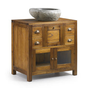 Loft stílusú, tömör mindifából készült mosdószekrény fókokkal és üveges tárolóval