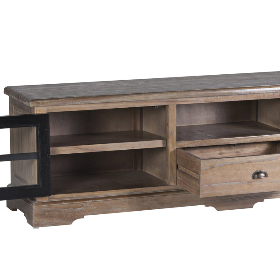 Siena TV-állvány – nyitott ajtók és fiók, polcos tárolók részletfotó