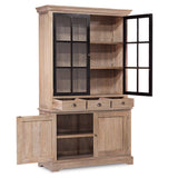 Siena vitrines szekrény – nyitott ajtók és fiókok, felső vitrinszekció és alsó tároló belső tere