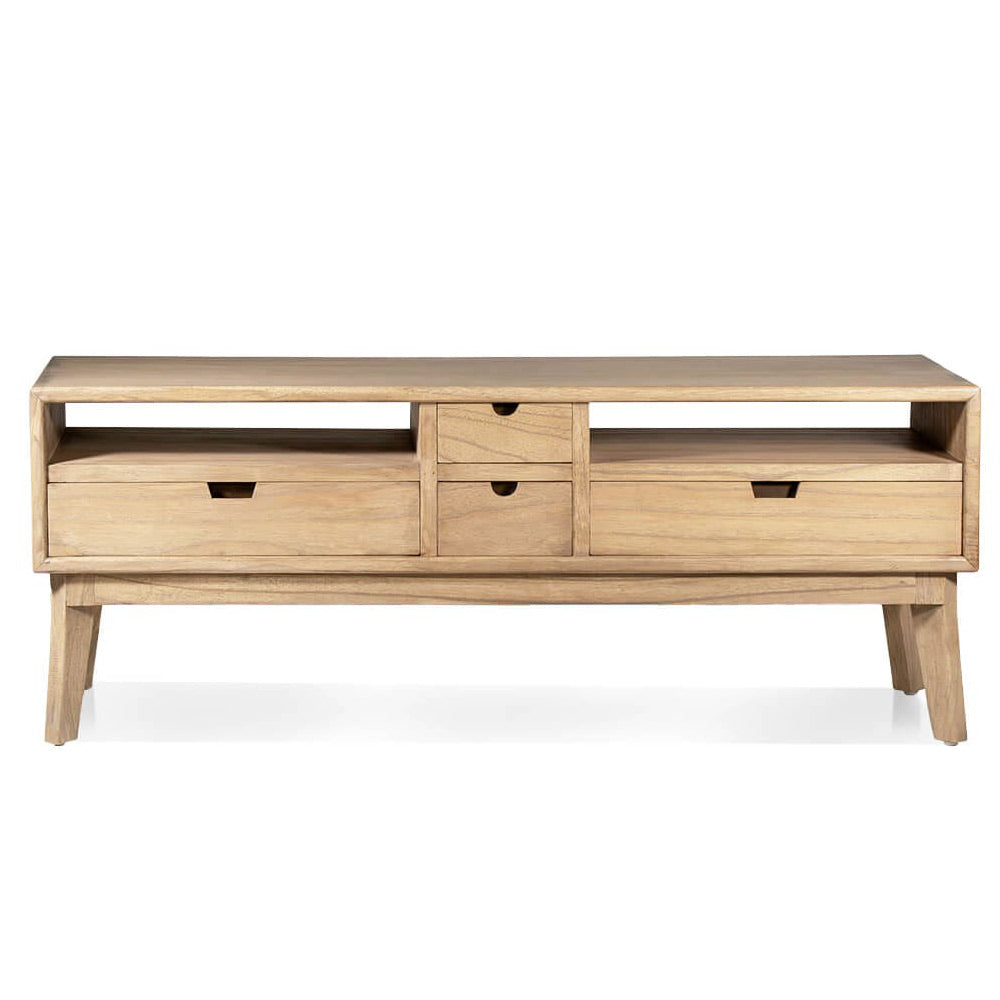 Scandi TV-állvány frontális nézet – fiókokkal és nyitott polcokkal
