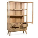 Scandi vitrines szekrény nyitott ajtókkal – polcok és fiókok részlete