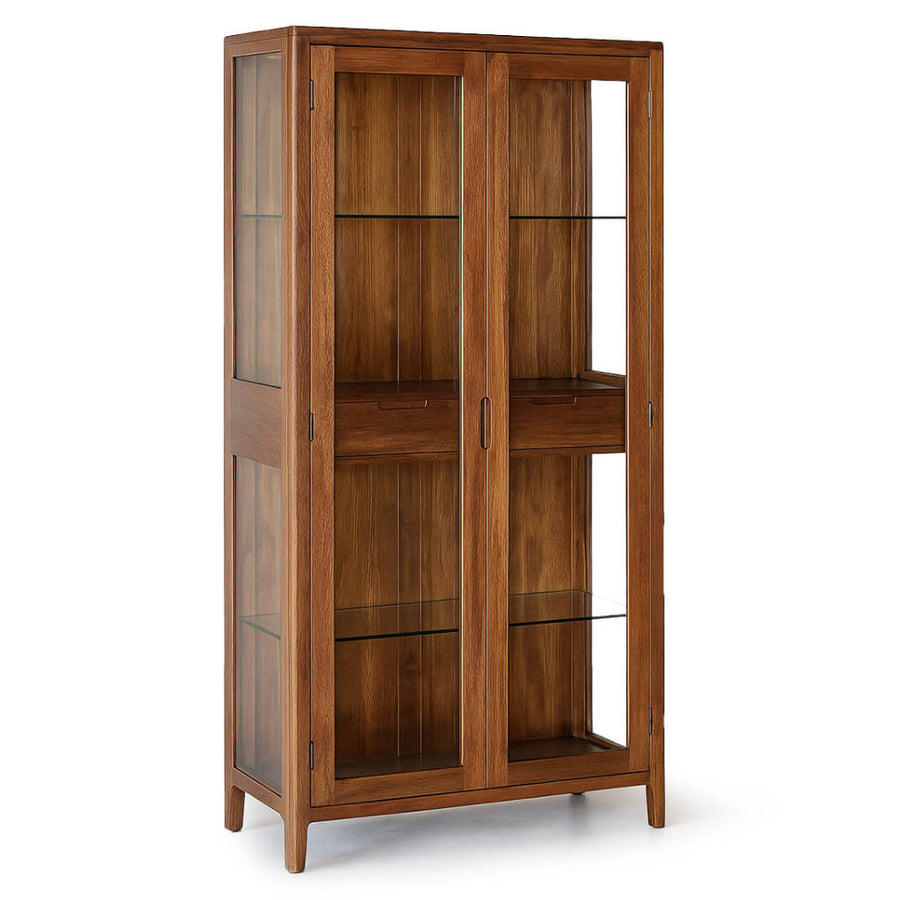 Oporto vitrines szekrény 100×40×190 cm – mahagóni fa korpusz, üvegajtós front, háromnegyedes nézet