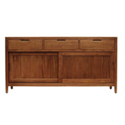 Mahagóni tálaló egyenes előlnézetben, három fiókkal és két tolóajtóval