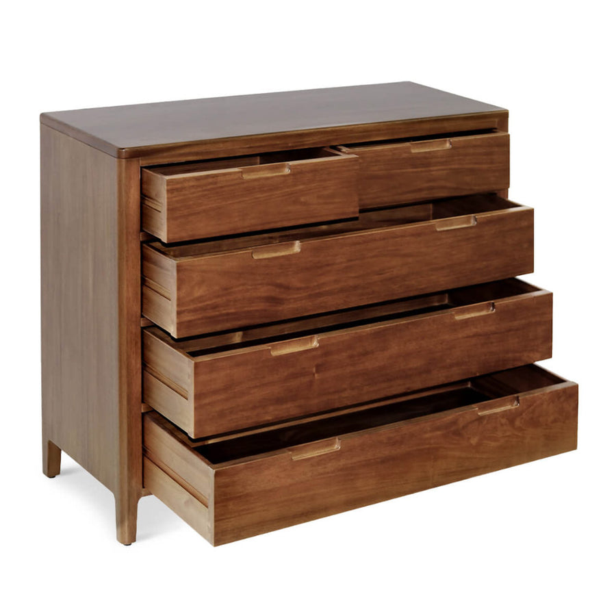 Oporto komód – nyitott fiókokkal, belső elrendezés és fecskefark csapolás részlete