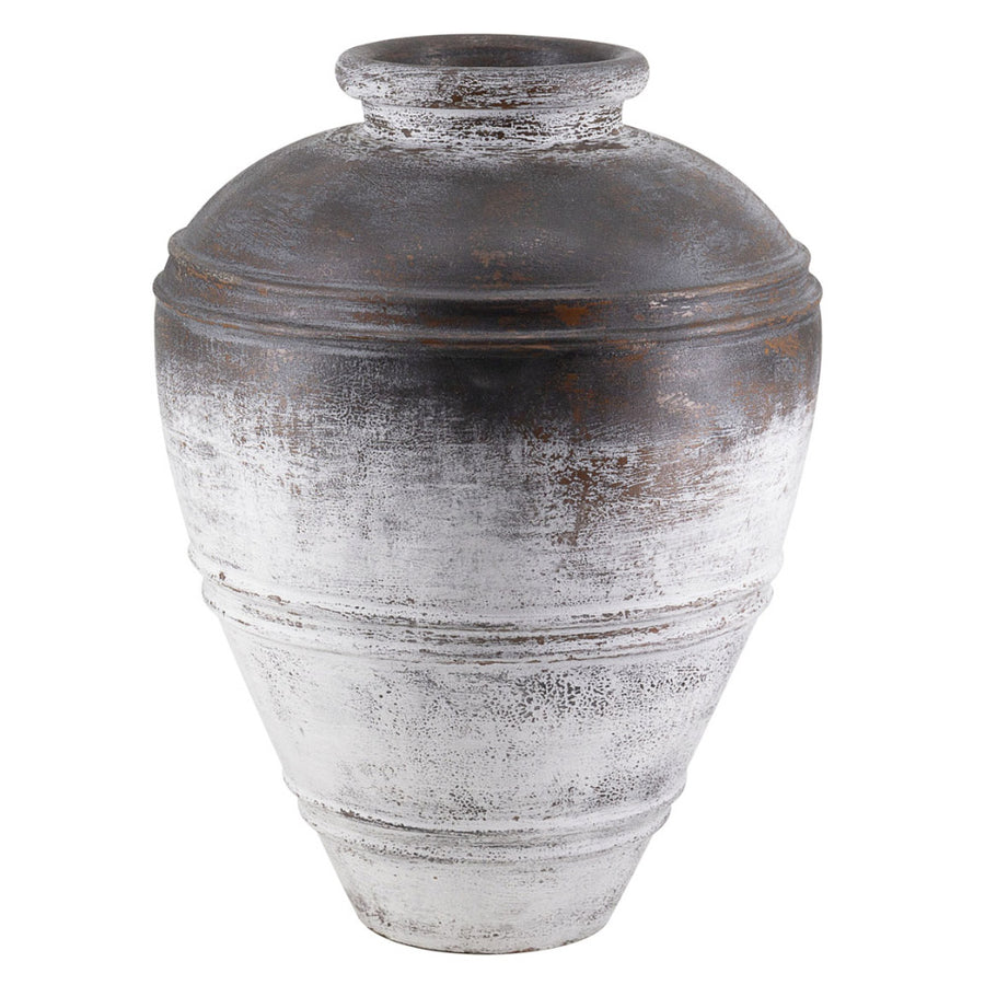 Mediterrán stílusú, antikolt hatású, bézs és rozsdabarna színű kerámia kaspó.