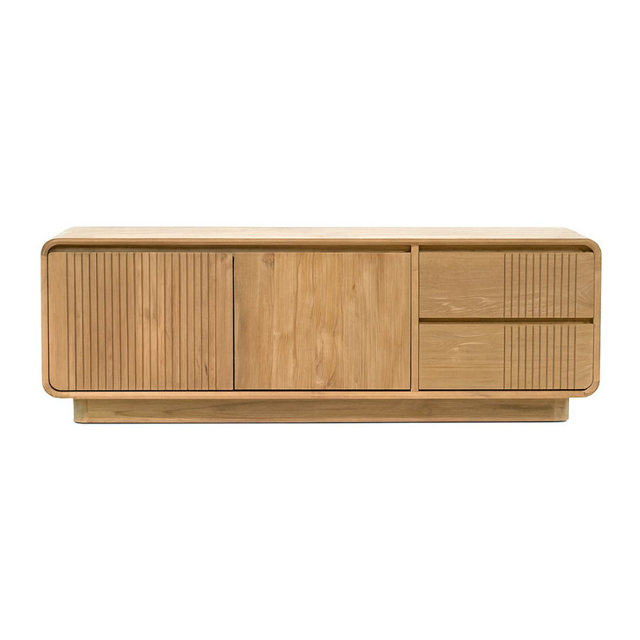 Modern, tömör teakfából készült, kétajtós és kétfiókos TV-szekrény