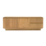 Modern, tömör teakfából készült, kétajtós és kétfiókos TV-szekrény