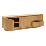 Modern, tömör teakfából készült, kétajtós és kétfiókos TV-szekrény