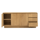 Modern, tömör teakfából készült, háromajtós és háromfiókos komódszekrény