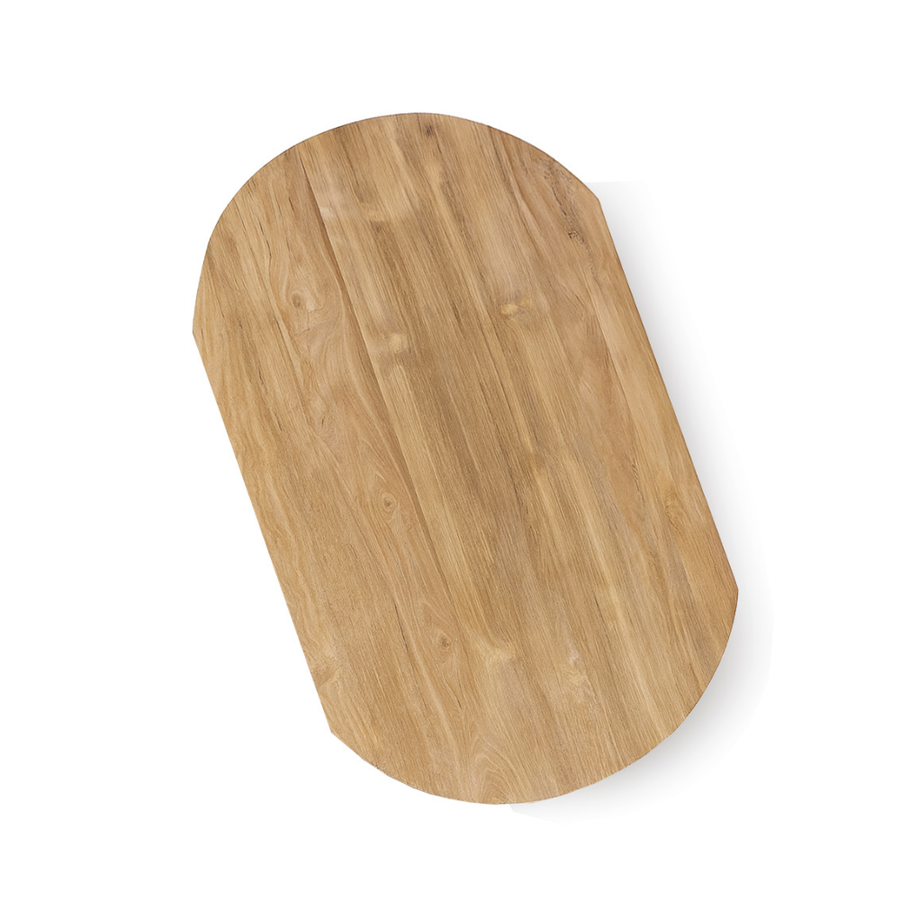 Natúr színű, ovális alakú, tömör teakfából készült dohányzóasztal 