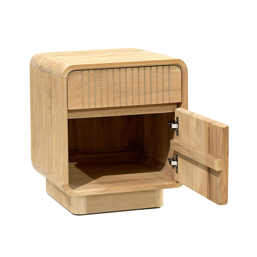 Modern, tömör teakfából készült, natúr színű éjjeliszekrény