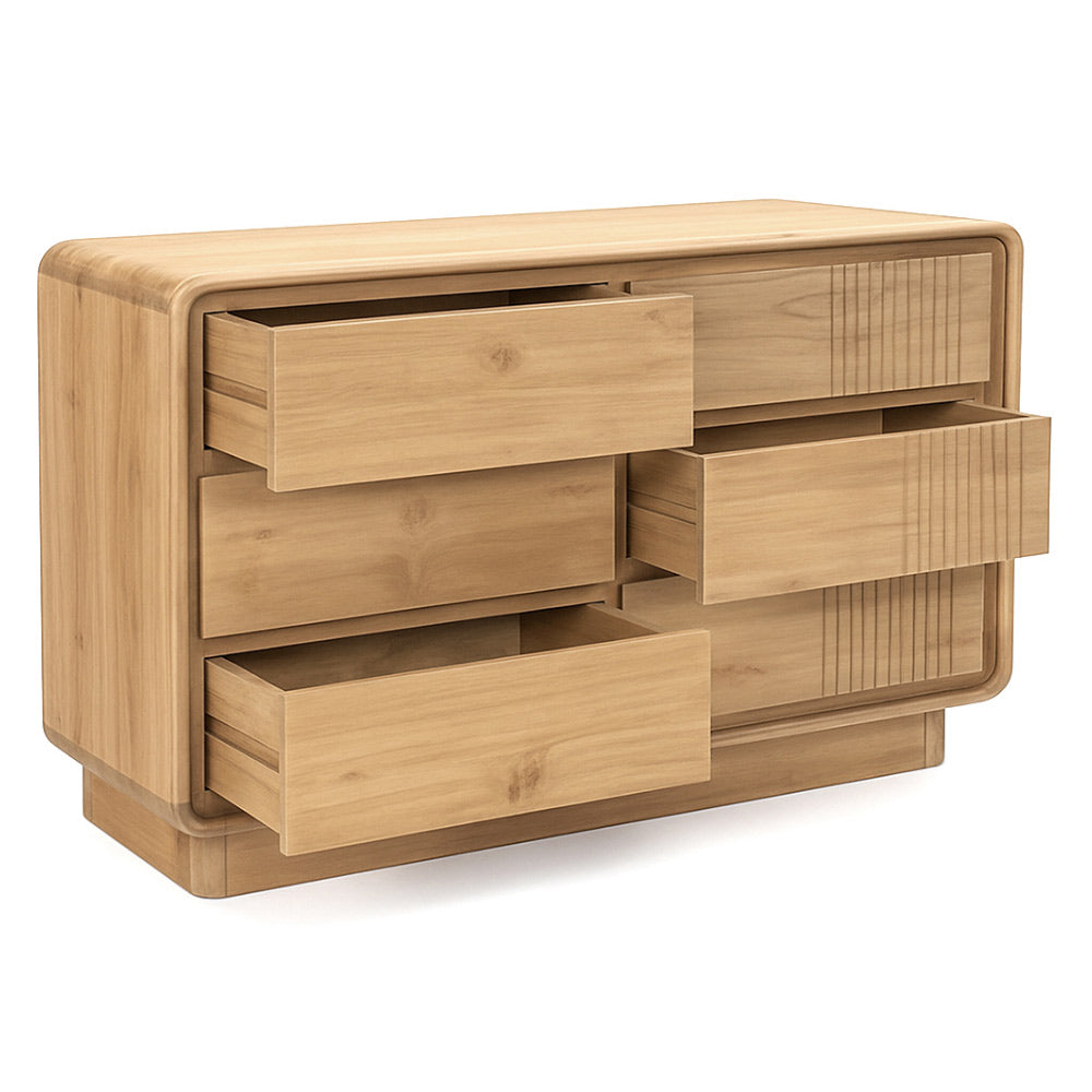 Modern, tömör teakfából készült, natúr színű hatfiókos komód