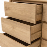 Modern, tömör teakfából készült, natúr színű hatfiókos komód