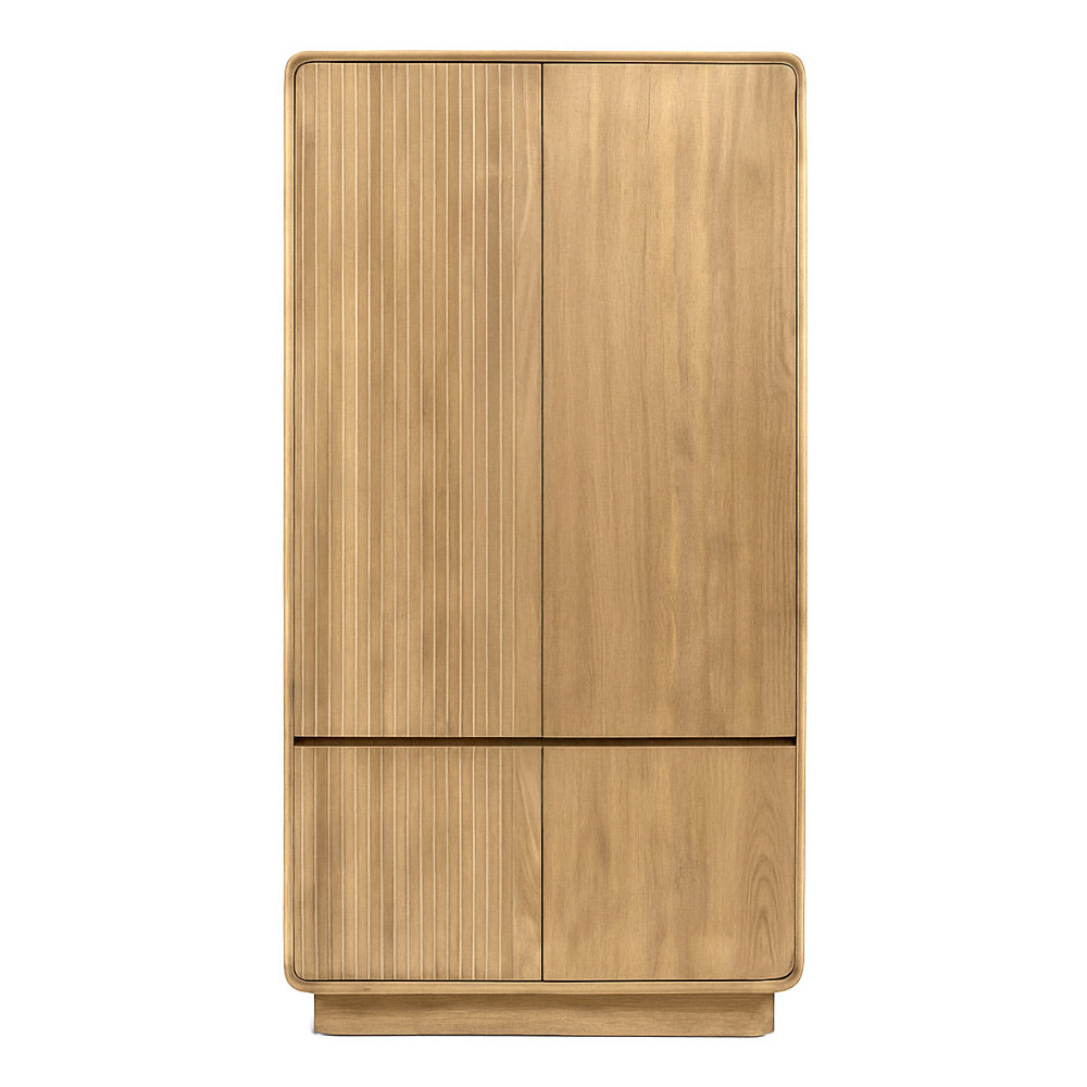 Modern, tömör teakfából készült, natúr színű kétszárnyú ruhásszekrény