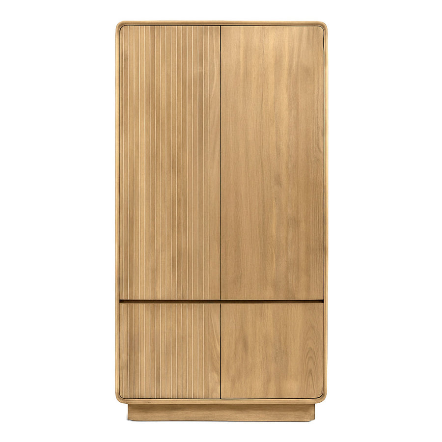 Modern, tömör teakfából készült, natúr színű kétszárnyú ruhásszekrény