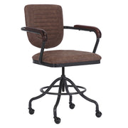 Loft stílusú, műbőr ülőkés és háttámlás irodaszék fa karfával.