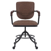 Loft stílusú, műbőr ülőkés és háttámlás irodaszék fa karfával.