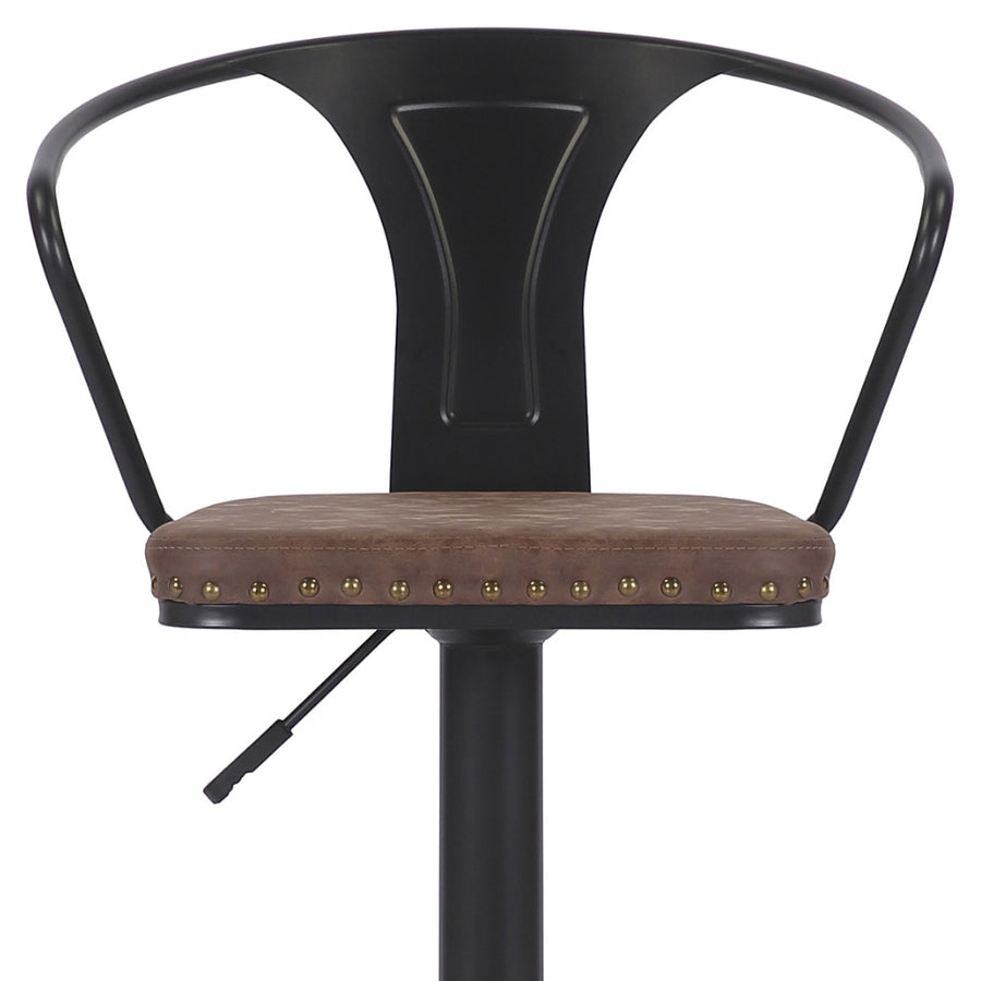 Loft stílusú, műbőr ülőkés, állítható magasságú bárszék műbőr háttámlával.