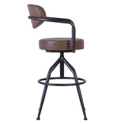 Loft stílusú, bőr ülőkés, állítható magasságú bárszék bőr háttámlával.