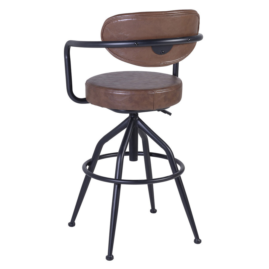 Loft stílusú, bőr ülőkés, állítható magasságú bárszék bőr háttámlával.