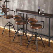 Loft stílusú, bőr ülőkés, állítható magasságú bárszék bőr háttámlával.