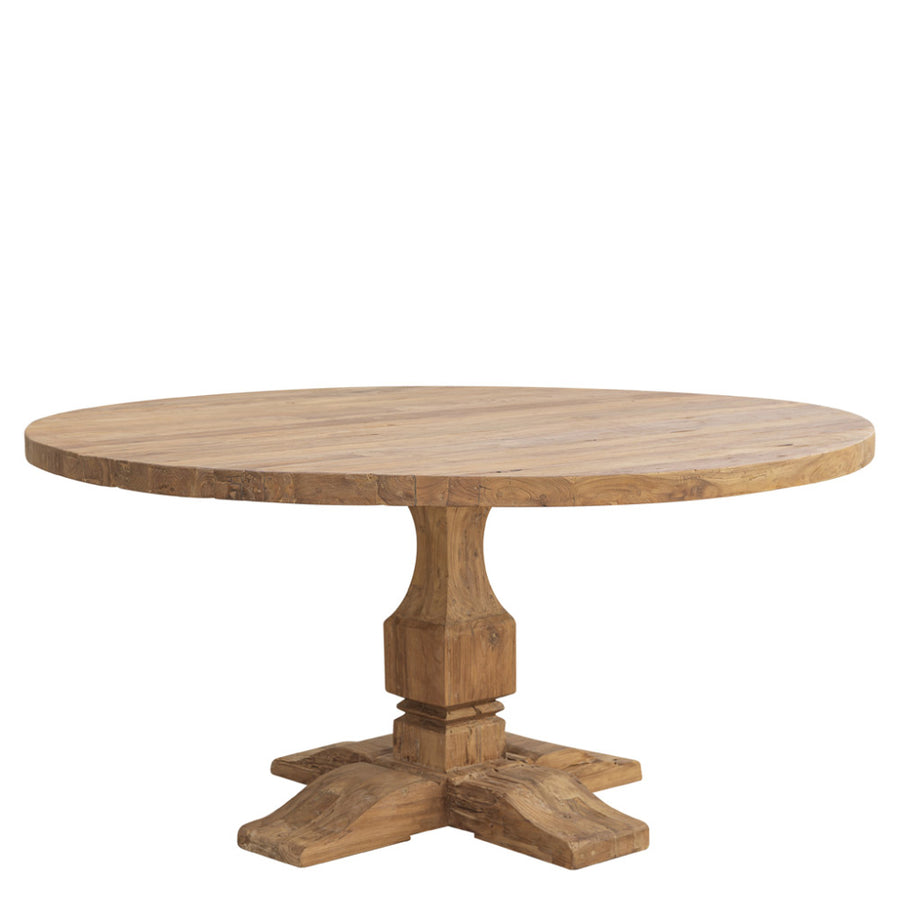 Koloniál stílusú, újrahasznosított teakfából készült, kör formájú étkezőasztal.