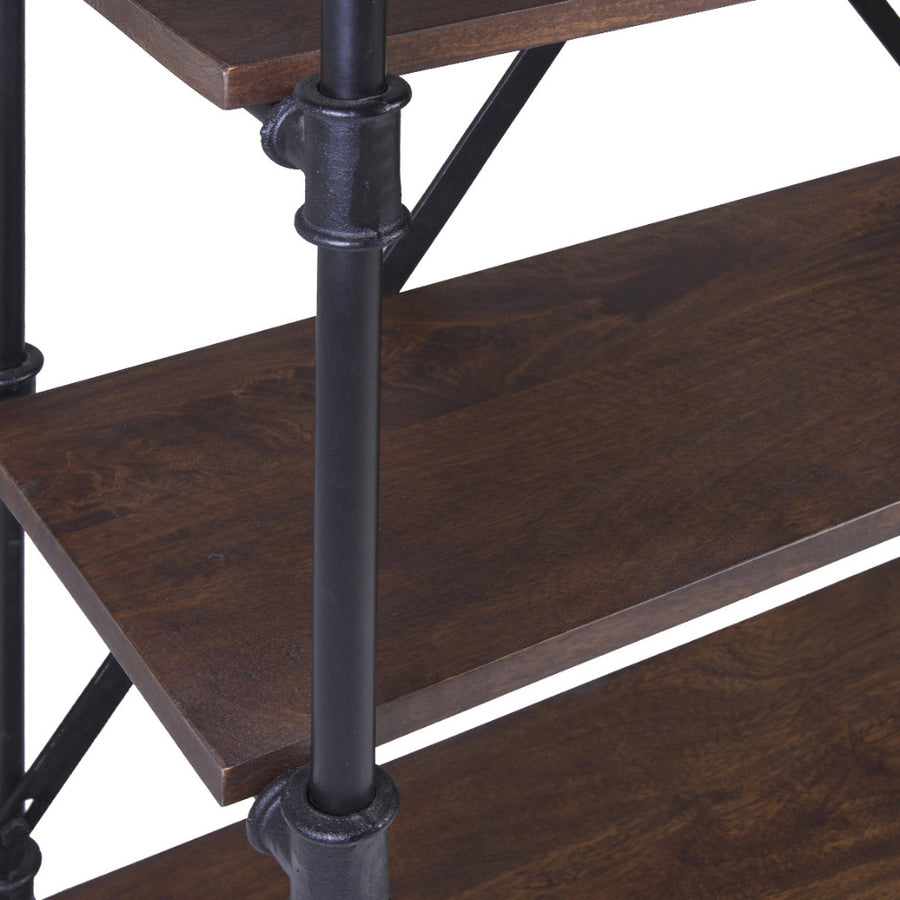 Industrial stílusú polcos állvány, fekete vas szerkezettel és öt darab mangófa polccal.