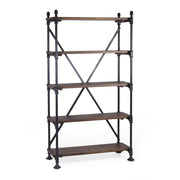 Industrial stílusú polcos állvány, fekete vas szerkezettel és öt darab mangófa polccal.