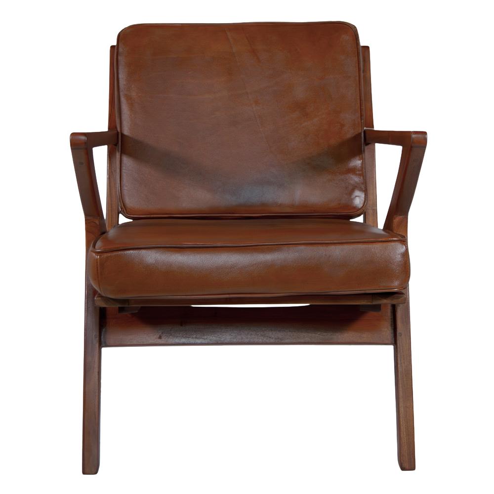 Teakfából készült, antikolt dohánybarna színű bőrrel kárpitozott, kézműves design fotel.