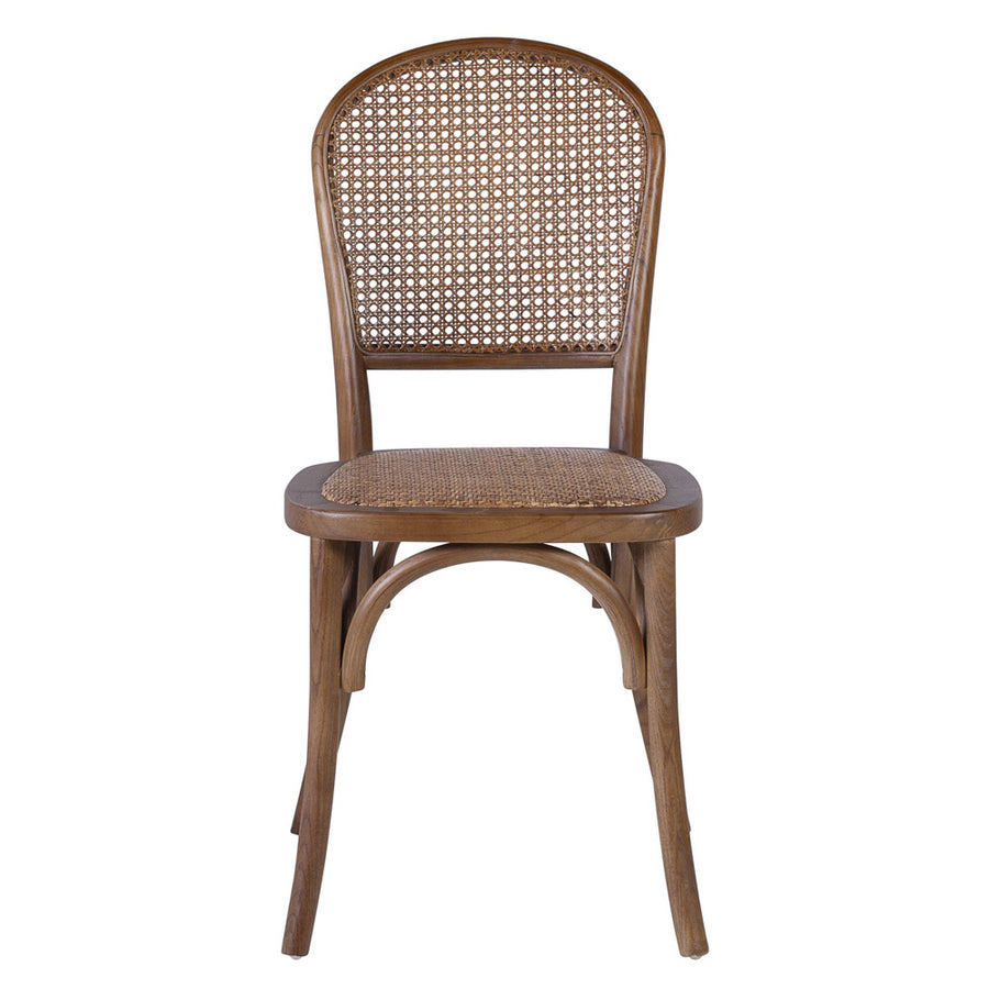 Koloniál stílusú, tölgyfából készült étkezőszék rattan ülőfelülettel és háttámlával.
