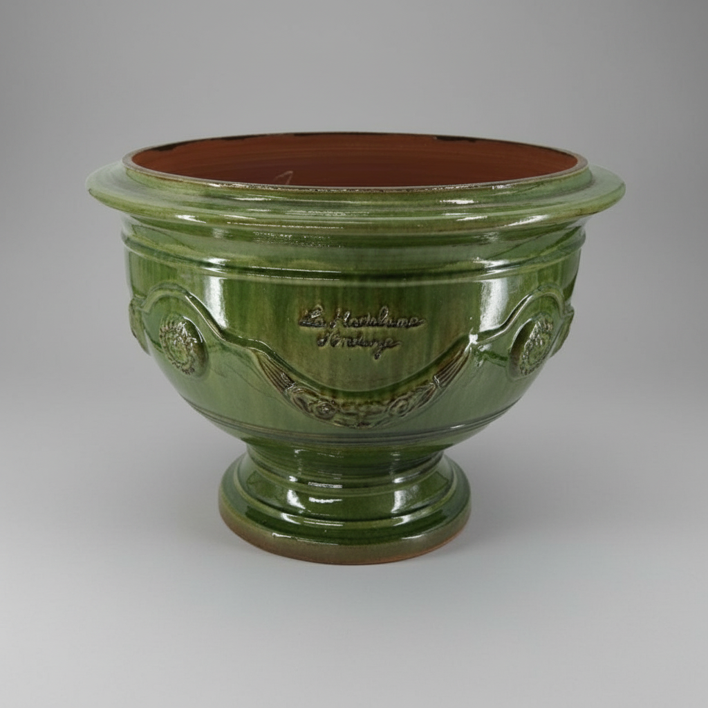 Nagy méretű, tradiconális mázas, zöld színű, anduze kerámia kaspótál