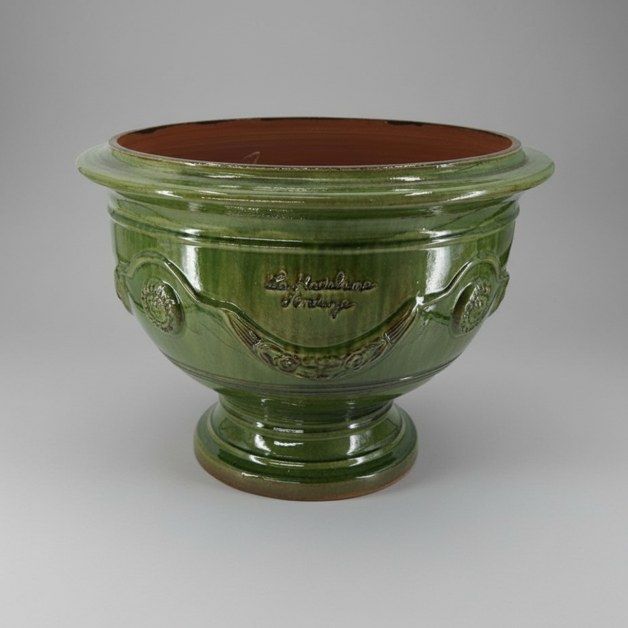 Nagy méretű, tradiconális mázas, zöld színű, anduze kerámia kaspótál