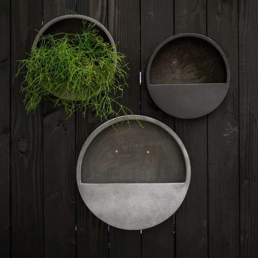 Modern fekete és szürke fali kaspók növényekkel kültéri faldekorációként