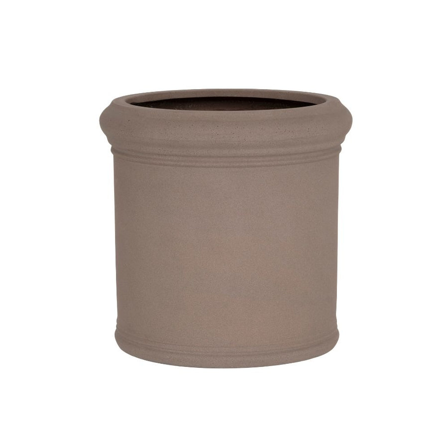 Heritage taupe színű hengeres fiberstone kaspó Ø50 × 50 cm méretben, klasszikus profilozott peremekkel, fehér háttér előtt.