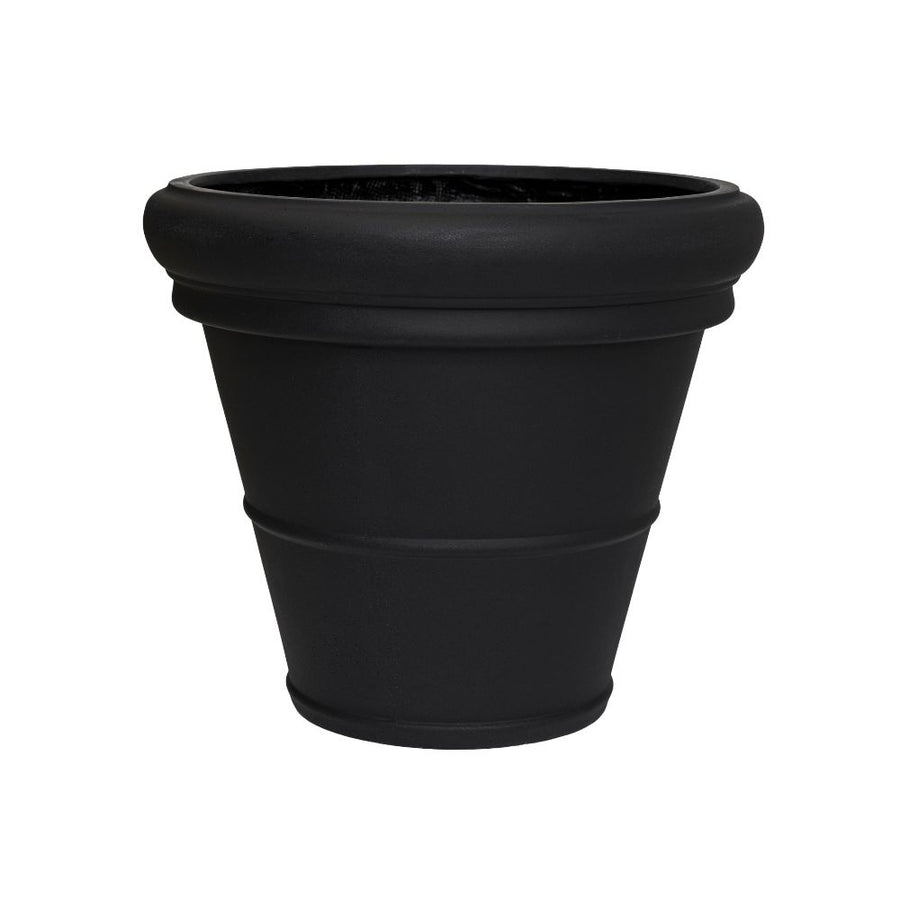 Heritage matt fekete kúpos fiberstone kaspó 69 cm átmérővel és 60 cm magassággal, széles, lekerekített peremmel és klasszikus díszítőgyűrűkkel, fehér háttéren.