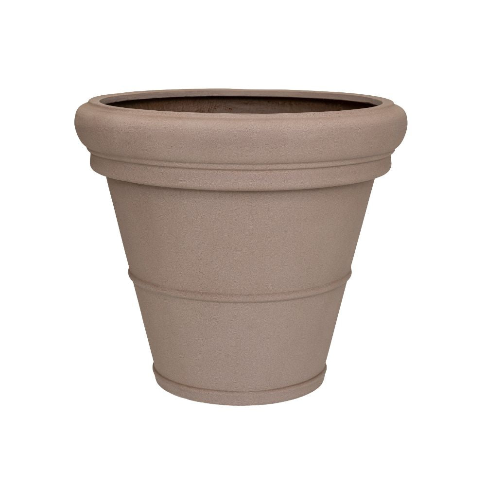 Heritage taupe színű kúpos fiberstone kaspó Ø69 × 60 cm méretben, hagyományos agyagcserép ihlette formával, széles, profilozott peremmel és matt felülettel.