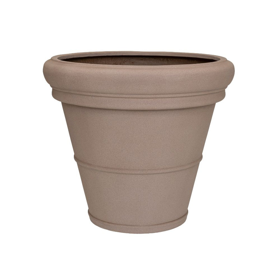 Heritage taupe színű kúpos fiberstone kaspó Ø69 × 60 cm méretben, hagyományos agyagcserép ihlette formával, széles, profilozott peremmel és matt felülettel.