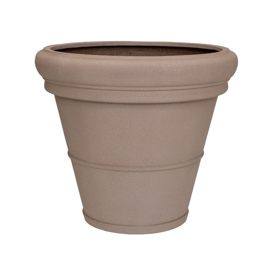 Heritage taupe színű, kúpos fiberstone kaspó Ø90 × 79 cm méretben, a hagyományos agyagcserepek ihlette formával, széles profilozott peremmel és matt felülettel.