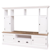 Kételemes, fenyőfa, tömörfa TV szekrény, fehér és Natúr színű.