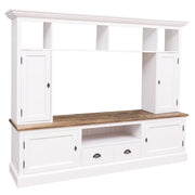 Kételemes, fenyőfa, tömörfa TV szekrény, fehér és Natúr színű.