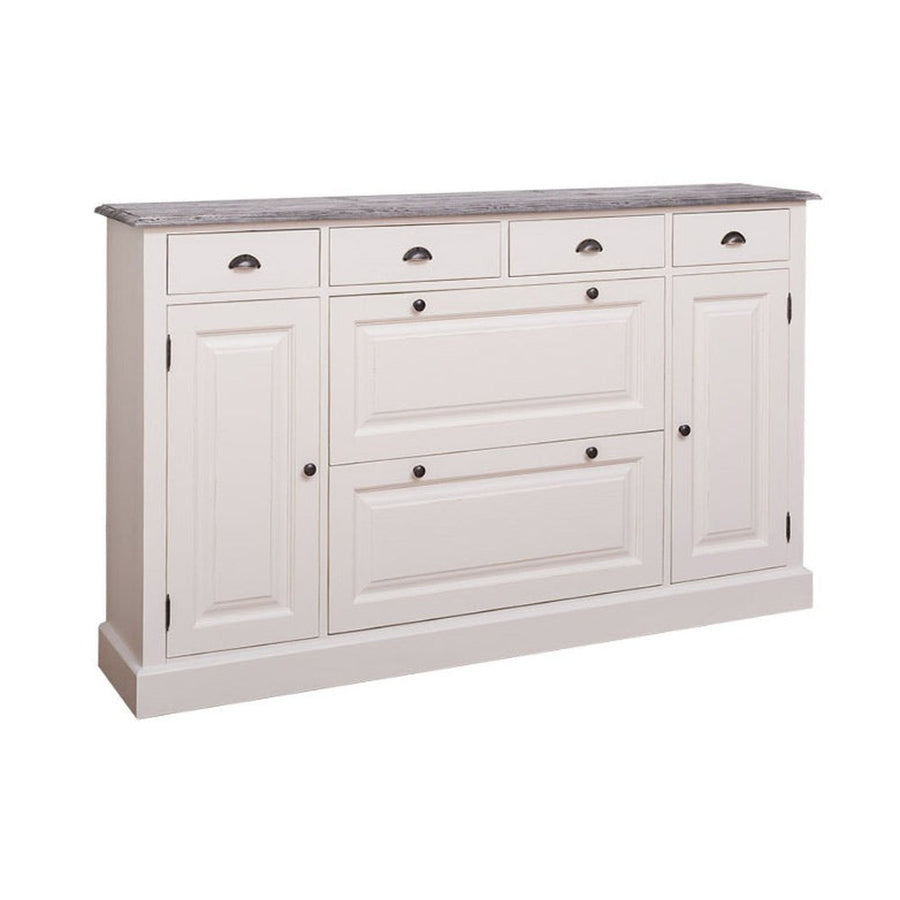 Fenyőfából készült cipősszekrény tölgyfa fedlappal. Fehér és szürke színű.