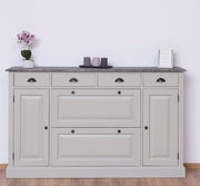 Fenyőfából készült cipősszekrény tölgyfa fedlappal. Törtfehér és szürke színű.