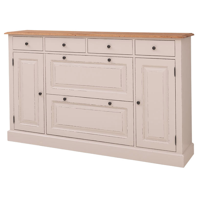 Fenyőfából készült cipősszekrény tölgyfa fedlappal. Natúr és krémszínű.