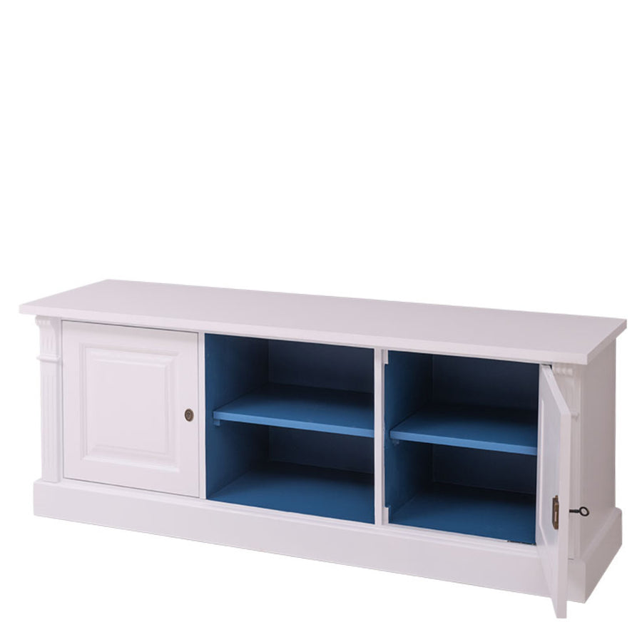 Fenyőfából készült, vidéki stílusú TV szekrény. Fehér és kék színű.