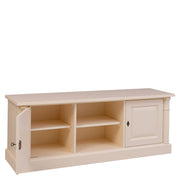 Fenyőfából készült, vidéki stílusú TV szekrény. Krémszínű.