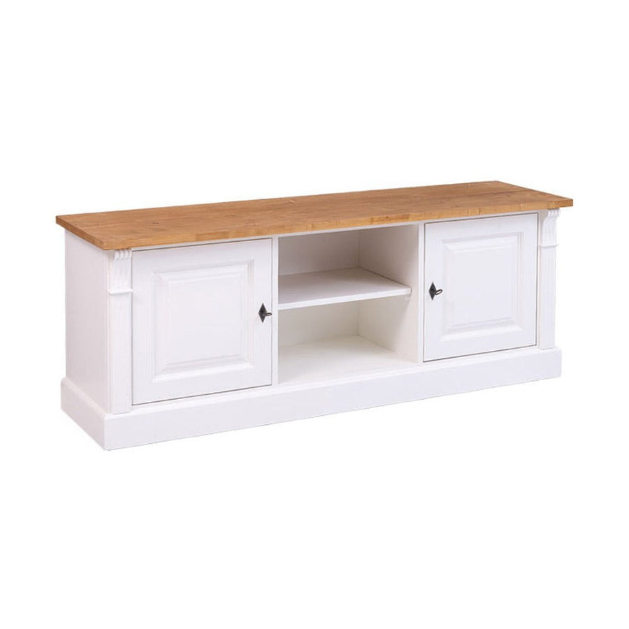 Fenyőfából készült, vidéki stílusú TV szekrény. Fehér és natúr színű.