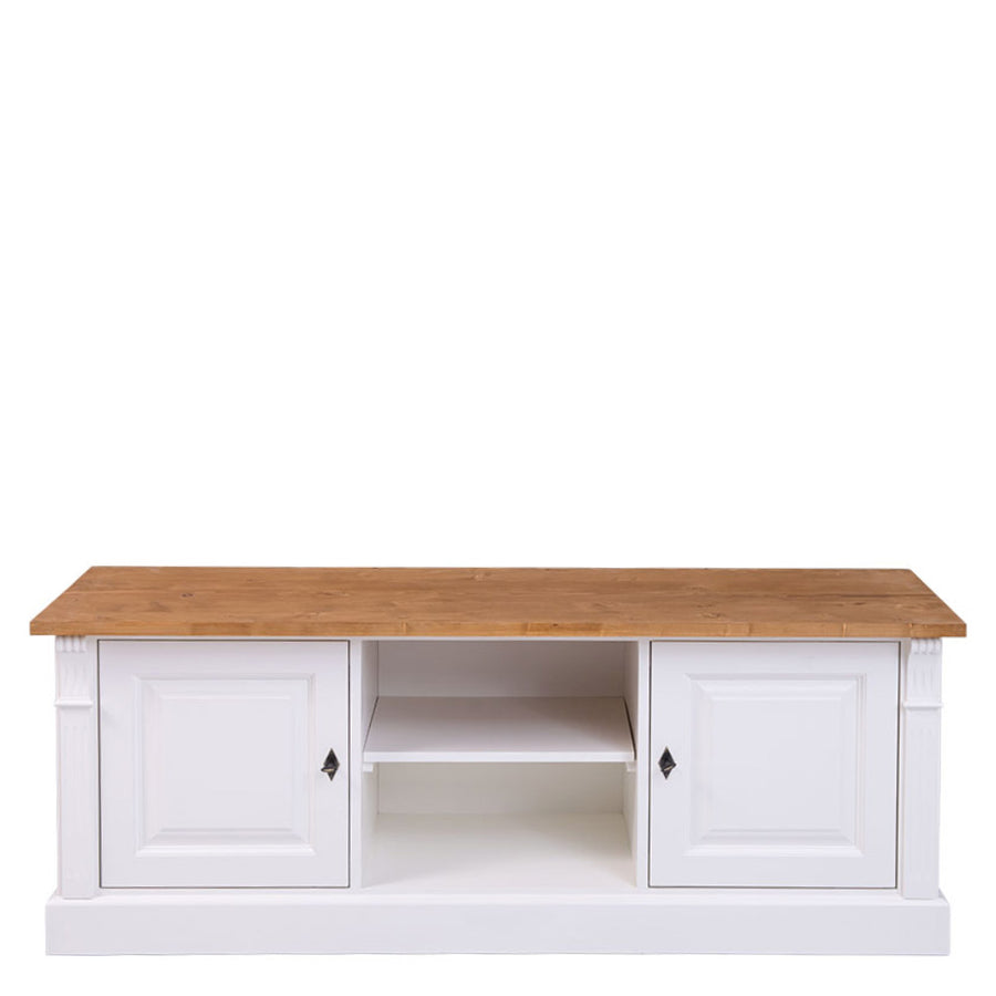 Fenyőfából készült, vidéki stílusú TV szekrény. Fehér és natúr színű.