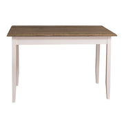 Fenyőfa étkezőasztal. A lábak színe fehér, az asztallap színe barna lakkozott.