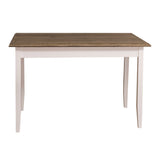 Fenyőfa étkezőasztal. A lábak színe fehér, az asztallap színe barna lakkozott.