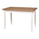 Fenyőfa étkezőasztal. A lábak színe fehér, az asztallap színe barna lakkozott.